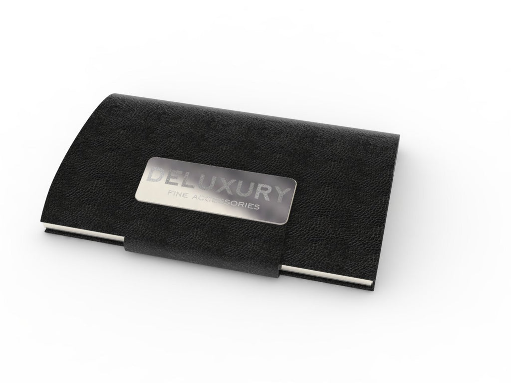 Professional - Black Leather Business Card Case & Holder - PU Leather Grain Wrapped Stainless Steel