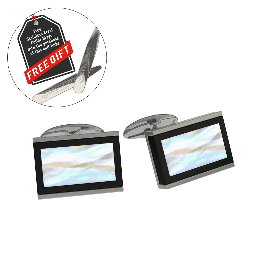 Professional - Mother Of Pearl Cuff Link Set - Modern Design With Bonus Stainless Steel Collar Stays